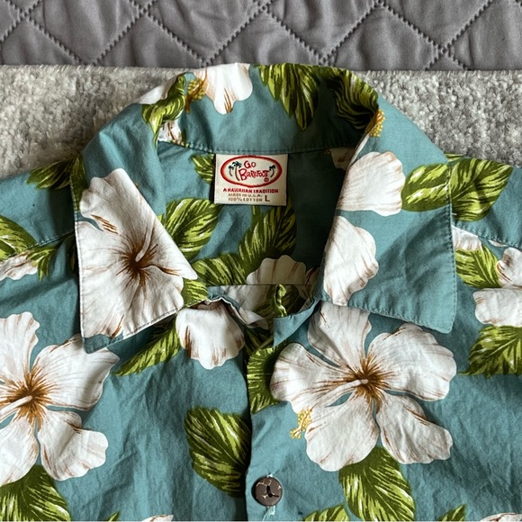 Go Barefoot Button Shirt Hawaiian Floral Print Blue Green USA Made Men Sz Large - Picture 3 of 6